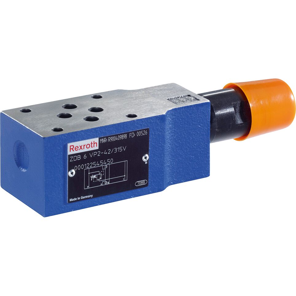 R900409893 ZDB 6 VA2-4X/315V Pressure relief valve, sandwich plate, size 6, 315 bar Industrial hydraulic use. Unpacked Weight: approx. 1.5 kg